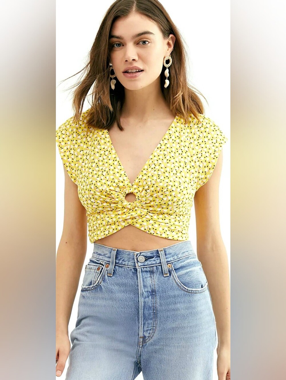 Free People Havana Honey Printed Crop Top Women's S Yellow Geometric Retro Linen